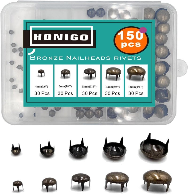 honigo 150pcs Nailheads Round Dome Studs Rivets Bronze Metal Solid Brass 4/6/8/10/12mm 4 Prongs Spikes Spots for Leather Craft Clothes Belt Bag Shoes Decorations Totes DIY Craft - Image 1